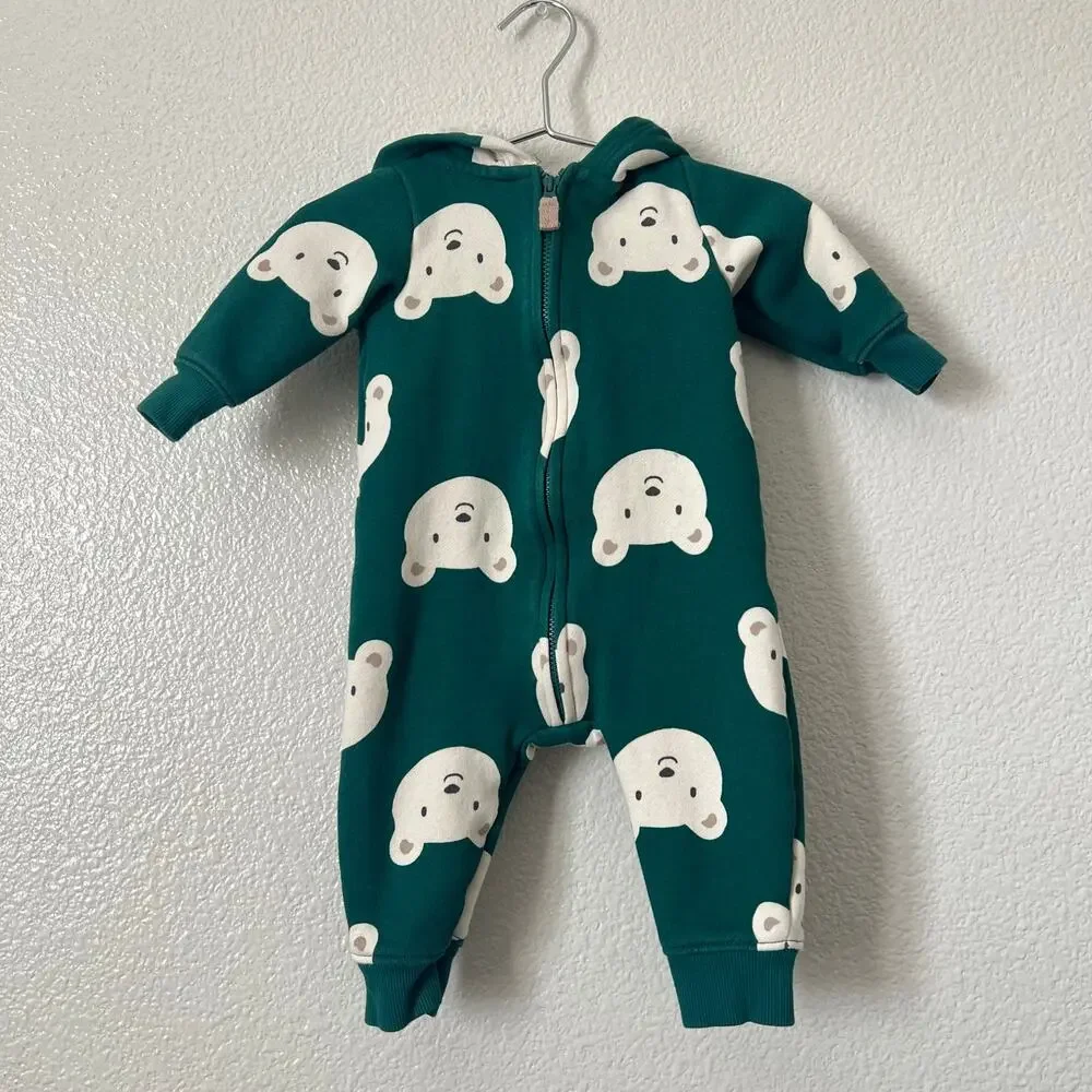 Carter’s polar bear print hooded bunting onesie green Sherpa lined hood